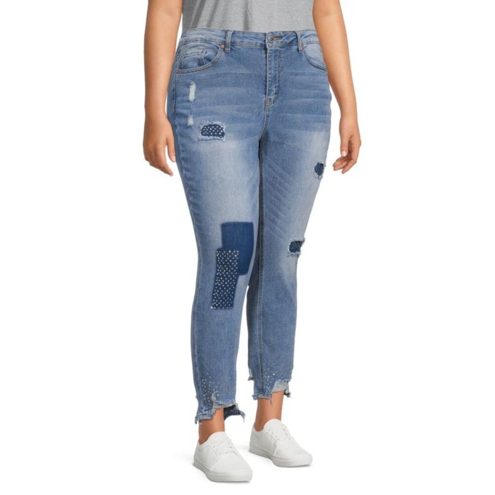 COPPERFLASH Distressed Rhinestone Patches Plus Sz 18 Stretchy Skinny Ankle Jeans